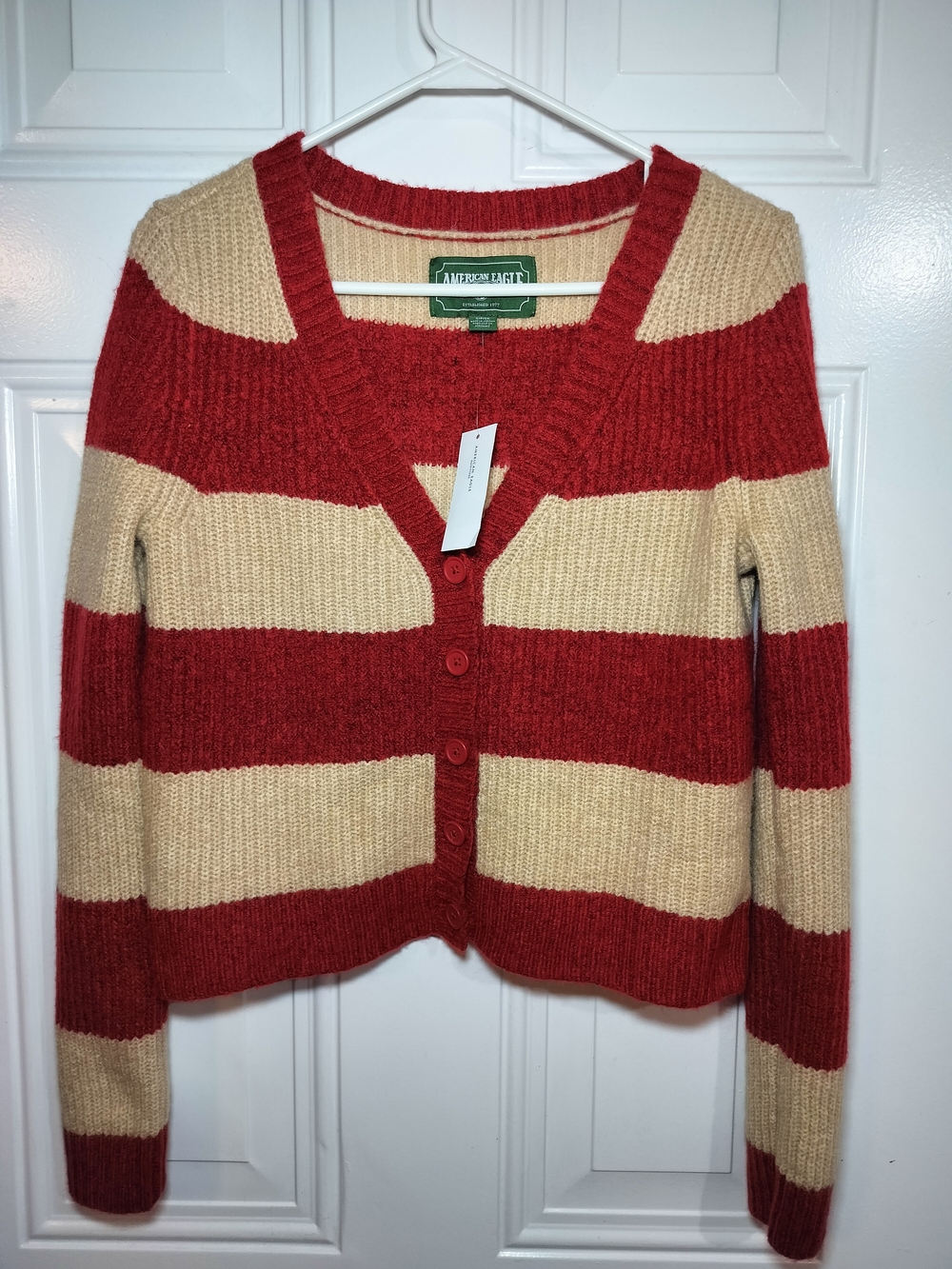 American Eagle Striped Knit Cardigan Red Beige Size S Petite NWT